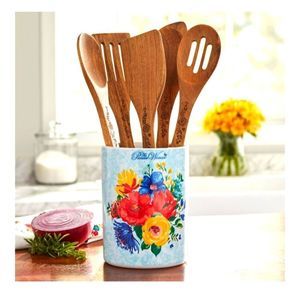 SOLD SALE🌹New Pioneer Woman Delaney utensil crock& wooden tools free PW gift